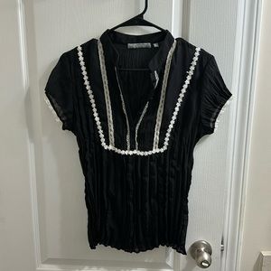 NY Collection sheer black top with partial front buttons and lace detail